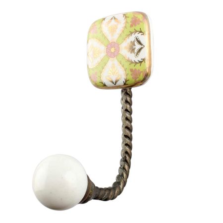 Golden Leaf Flower Square Ceramic Iron Wall Hook in Antique Fitting 